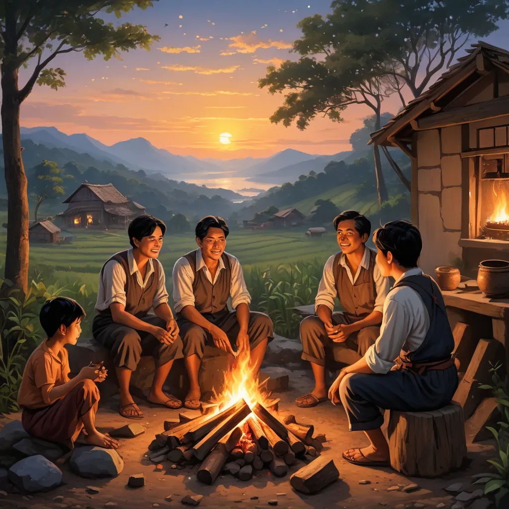 a painting of a group of people sitting around a campfire with a campfire in the background and a cabin in the background, socialist realism, a storybook illustration, Brothers Hildebrandt, official art