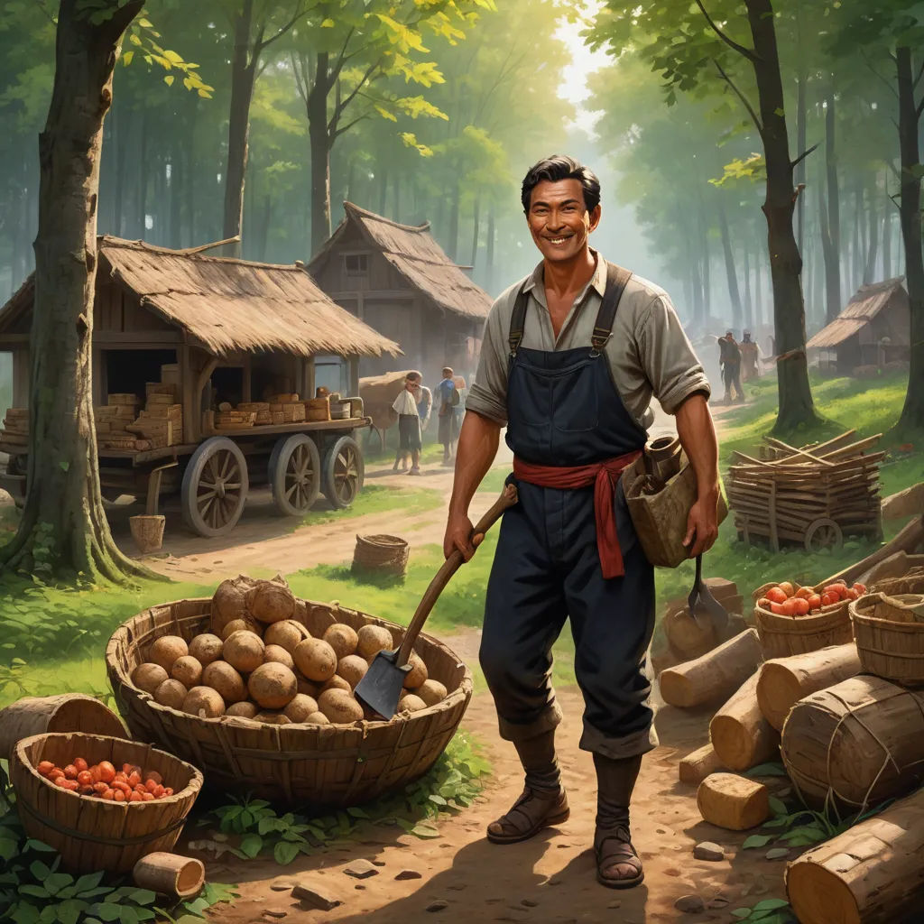 a painting of a man holding a shovel near a basket of potatoes and potatoes in a forest with a wagon full of potatoes, socialist realism, a storybook illustration, Choi Buk, official art