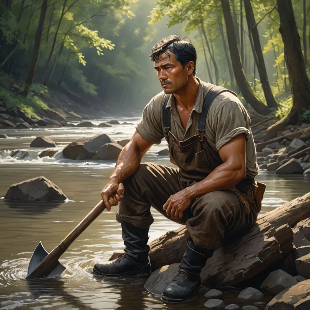 a man sitting on a log in a river with a shovel in his hand and a stick in his hand, american scene painting, a character portrait, David Palumbo, official art