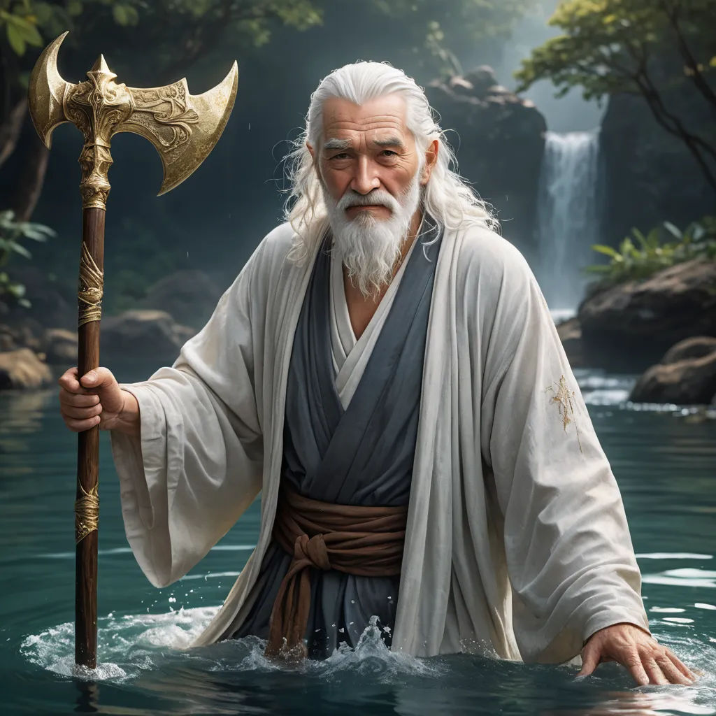 a man with a long white beard and a white beard holding a staff in water with a waterfall behind him, fantasy art, a character portrait, Dai Jin, weta digital