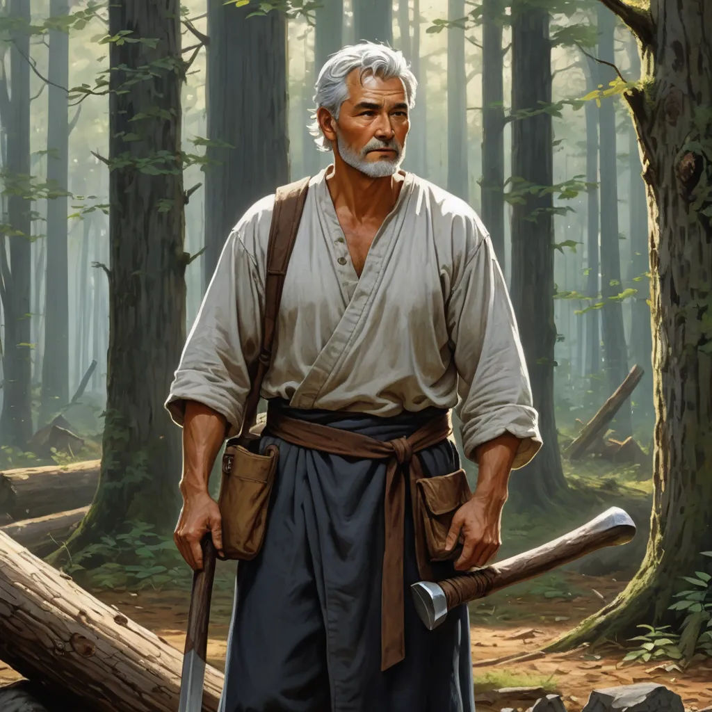 a man with a large axe standing in a forest with a log in his hand and a large axe in his other hand, fantasy art, a character portrait, Drew Struzan, epic fantasy character art