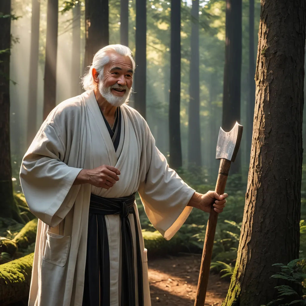 a man in a forest holding a large axe and a staff with a smile on his face and a beard, dau-al-set, a stock photo, Baiōken Eishun, cinematic photography