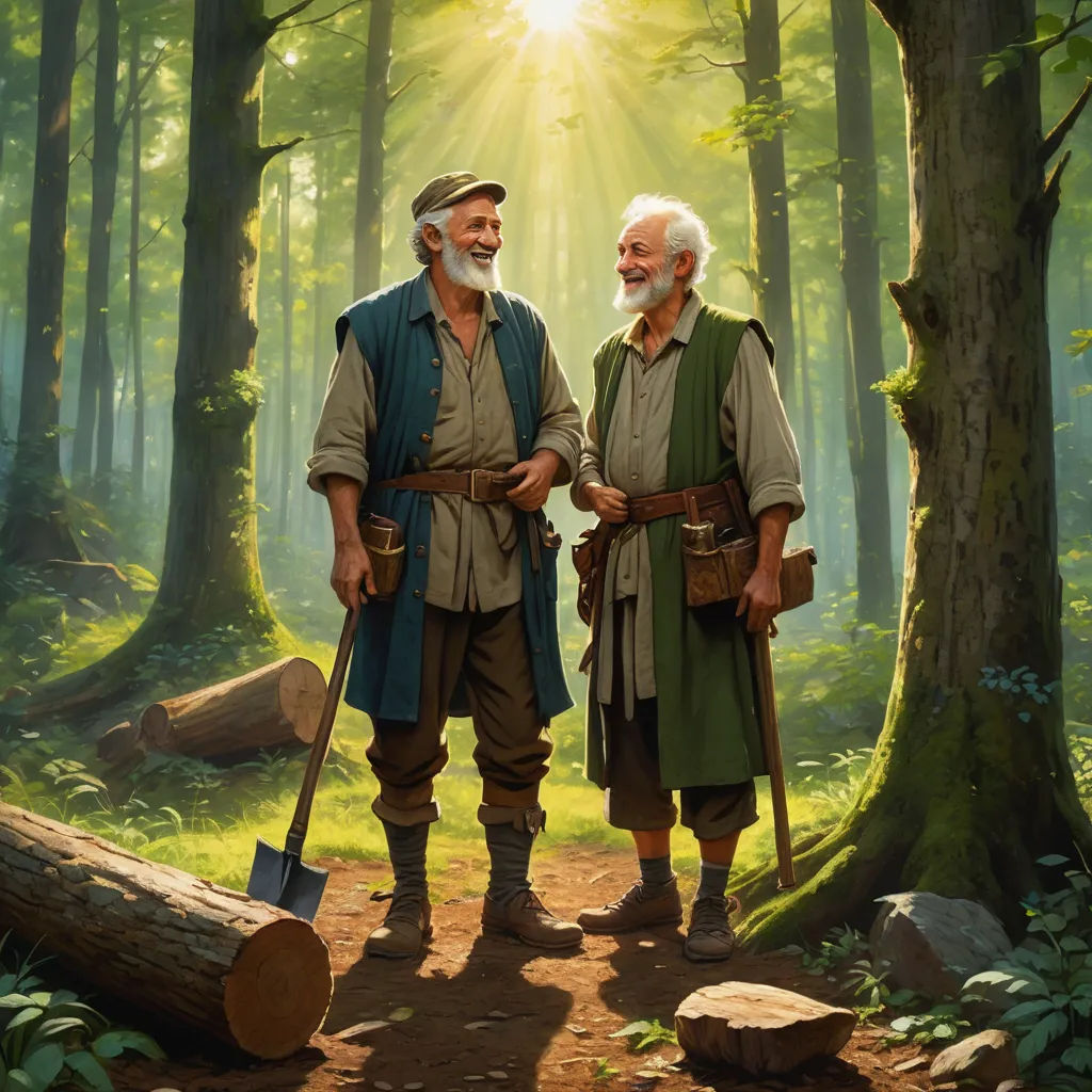 two men standing in the woods with a shovel and a log in front of them, with the sun shining through the trees, primitivism, a digital painting, Brothers Hildebrandt, official art