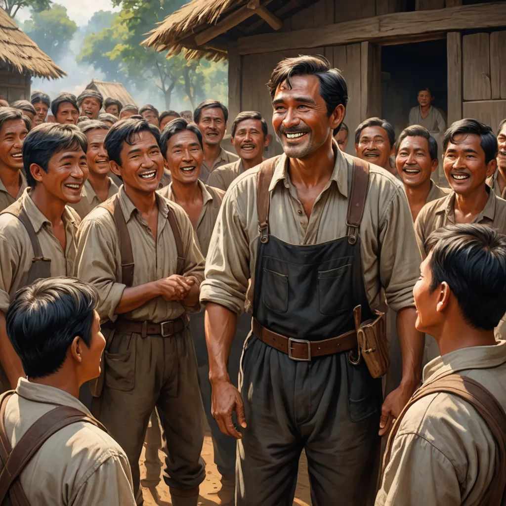 a man in overalls standing in front of a group of men in front of a hut with a smile on his face, socialist realism, a character portrait, Choi Buk, movie still
