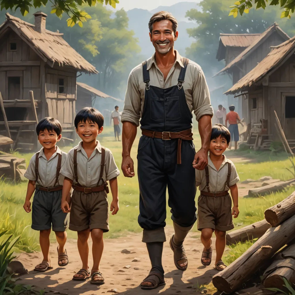 a man is walking with two children in front of him and a village in the background with a few huts, sots art, a character portrait, Fernando Amorsolo, official art