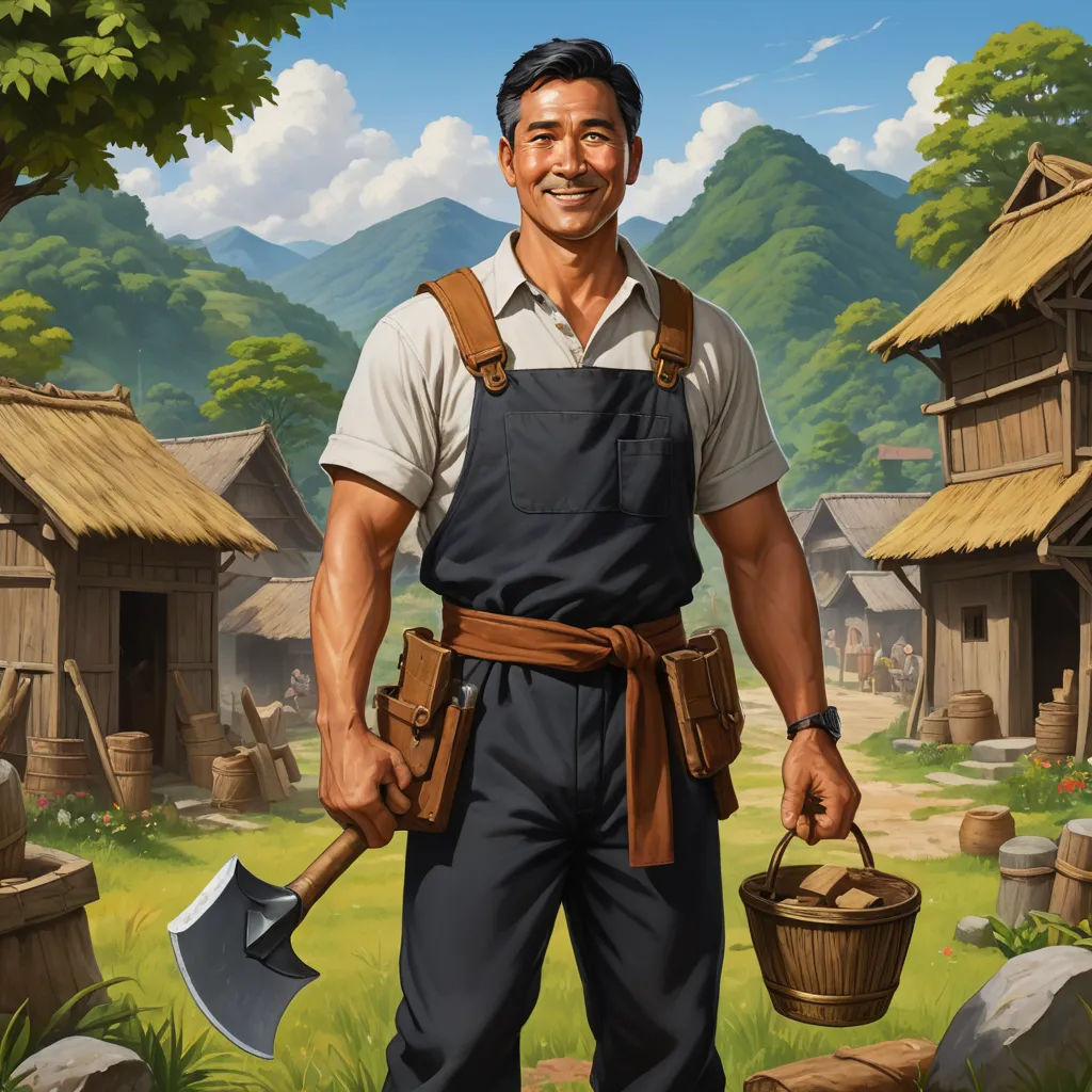 a man holding a shovel and a bucket in front of a village with a mountain in the background and a forest, american scene painting, a character portrait, F. Scott Hess, official art