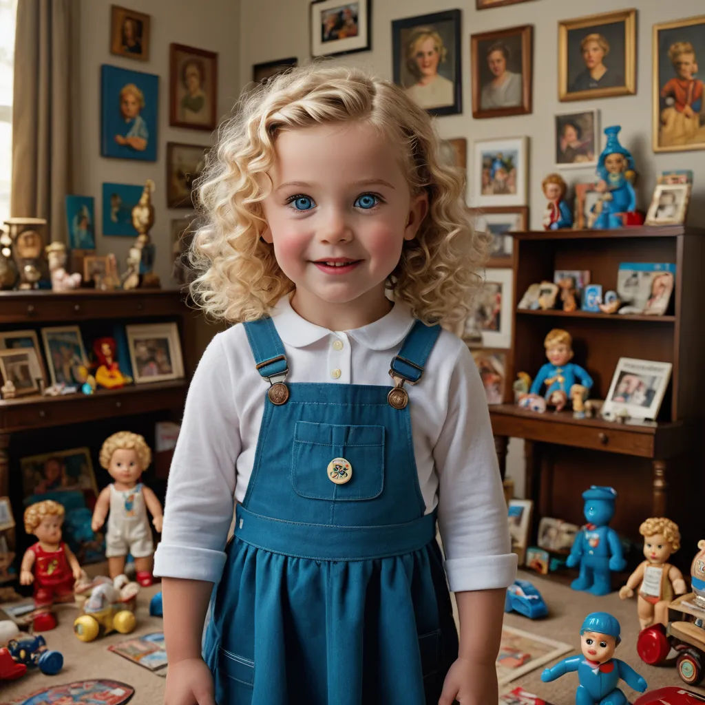 a young girl standing in front of a bunch of toys in a room with a doll on the floor, hyperrealism, a tilt shift photo, Felicity Charlton, portrait photography