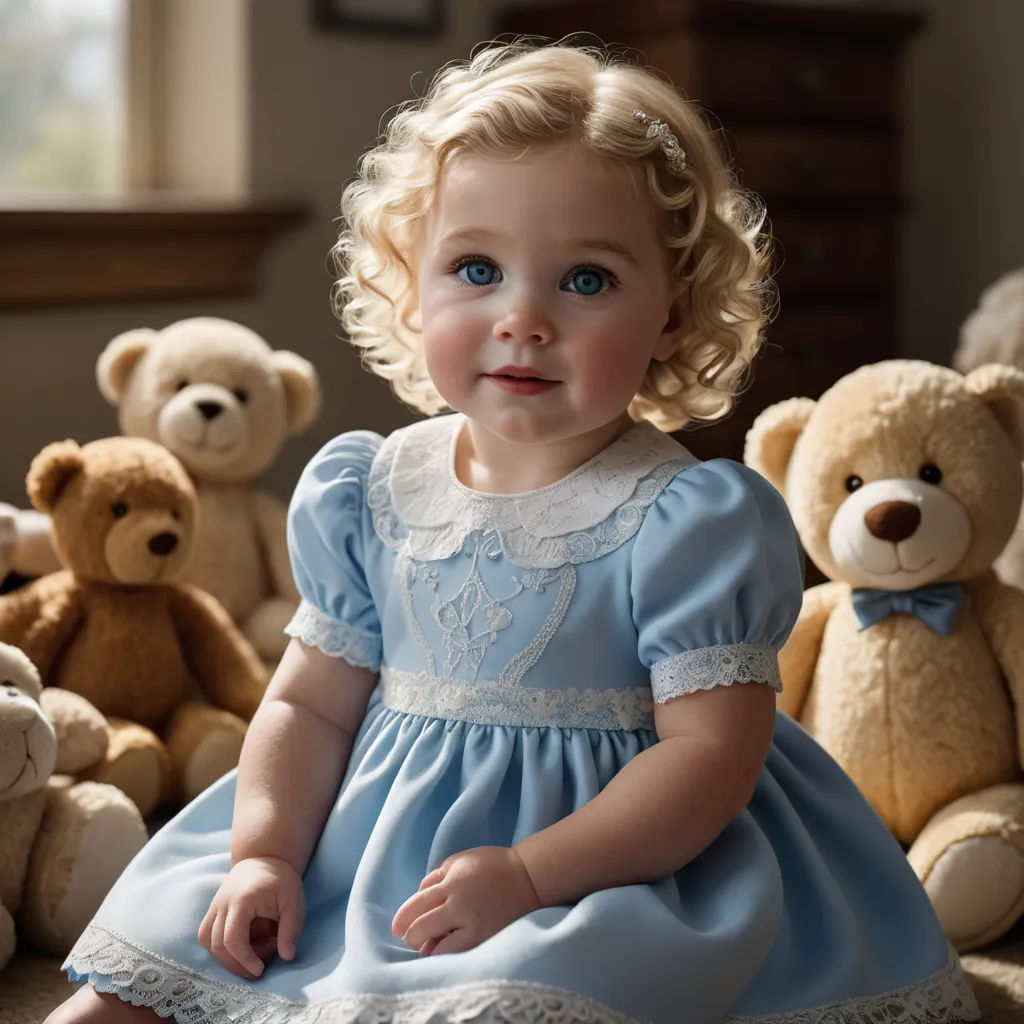 a little girl sitting in front of a bunch of teddy bears wearing a blue dress and a white lace collared dress, art photography, a photorealistic painting, Caroline Lucy Scott, blue eyes