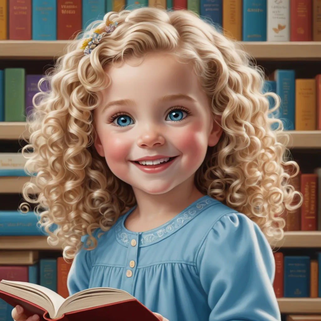 a painting of a little girl holding a book in front of a bookshelf with books on it, photorealism, a photorealistic painting, Bob Byerley, highly detailed digital painting