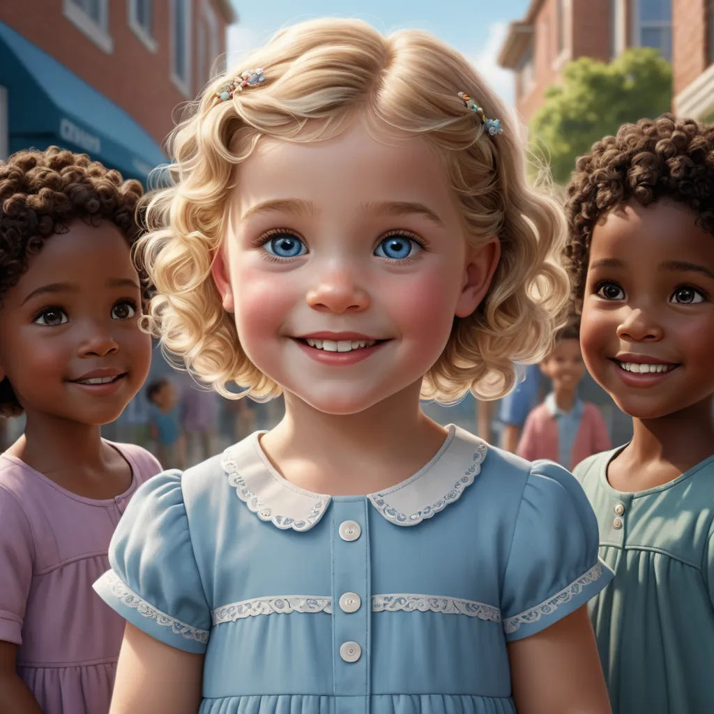 a group of children standing next to each other on a street corner with a building in the background and a blue sky, photorealism, a photorealistic painting, Constance Gordon-Cumming, cgstudio