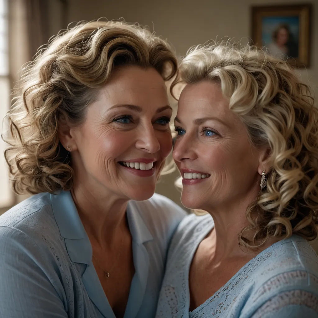 two women are smiling and hugging each other in a room with a window behind them and a picture of a man and woman, kitsch movement, a poster, Alison Debenham, promotional image