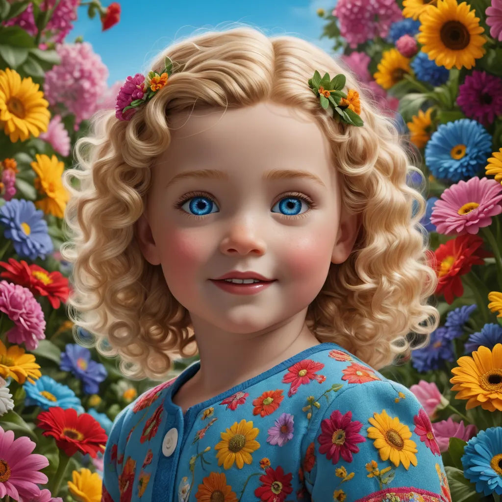 a painting of a little girl with blue eyes and blonde hair in a field of flowers with a blue sky in the background, photorealism, an ultrafine detailed painting, Celia Fiennes, cgstudio