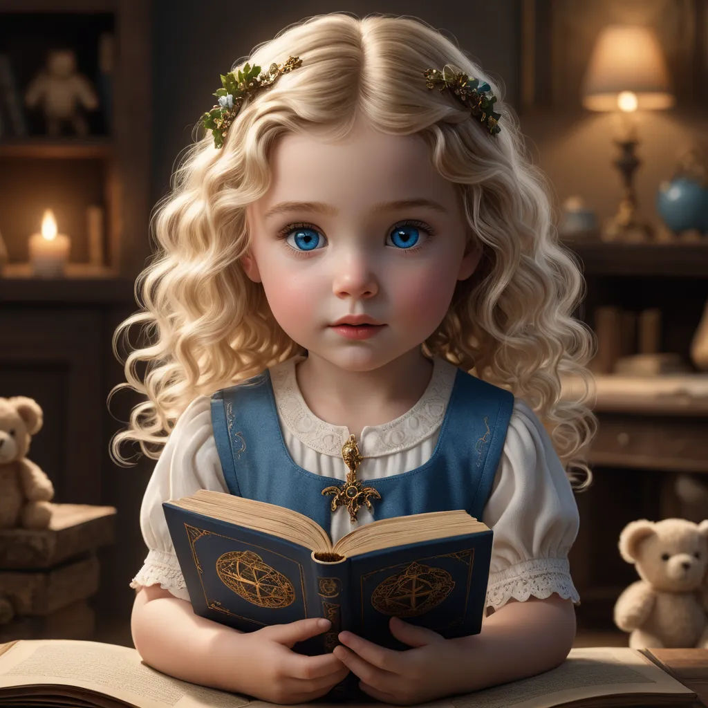 a little girl with blonde hair is reading a book with a teddy bear in the background and a teddy bear on the floor, gothic art, a storybook illustration, Alice Prin, cgstudio