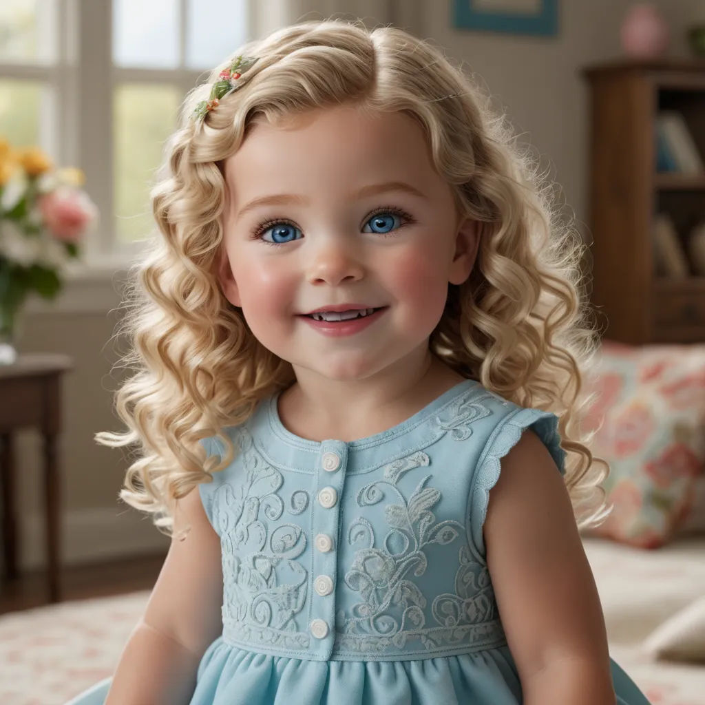 a doll with blonde hair and blue eyes sitting on a bed in a room with a window and a pink flowered pillow, photorealism, a digital rendering, Caroline Lucy Scott, blue eyes