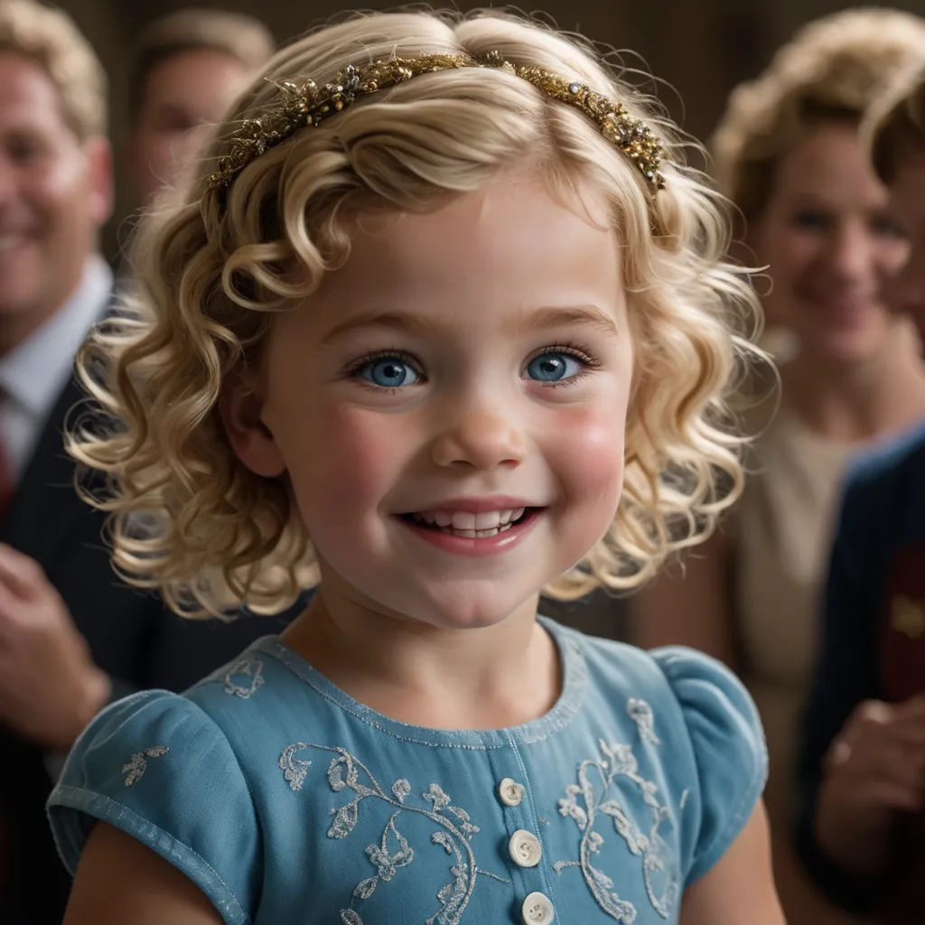 a little girl with a tiara on smiling for the camera with other people in the background smiling for the camera, arts and crafts movement, a photorealistic painting, Caroline Lucy Scott, promotional image