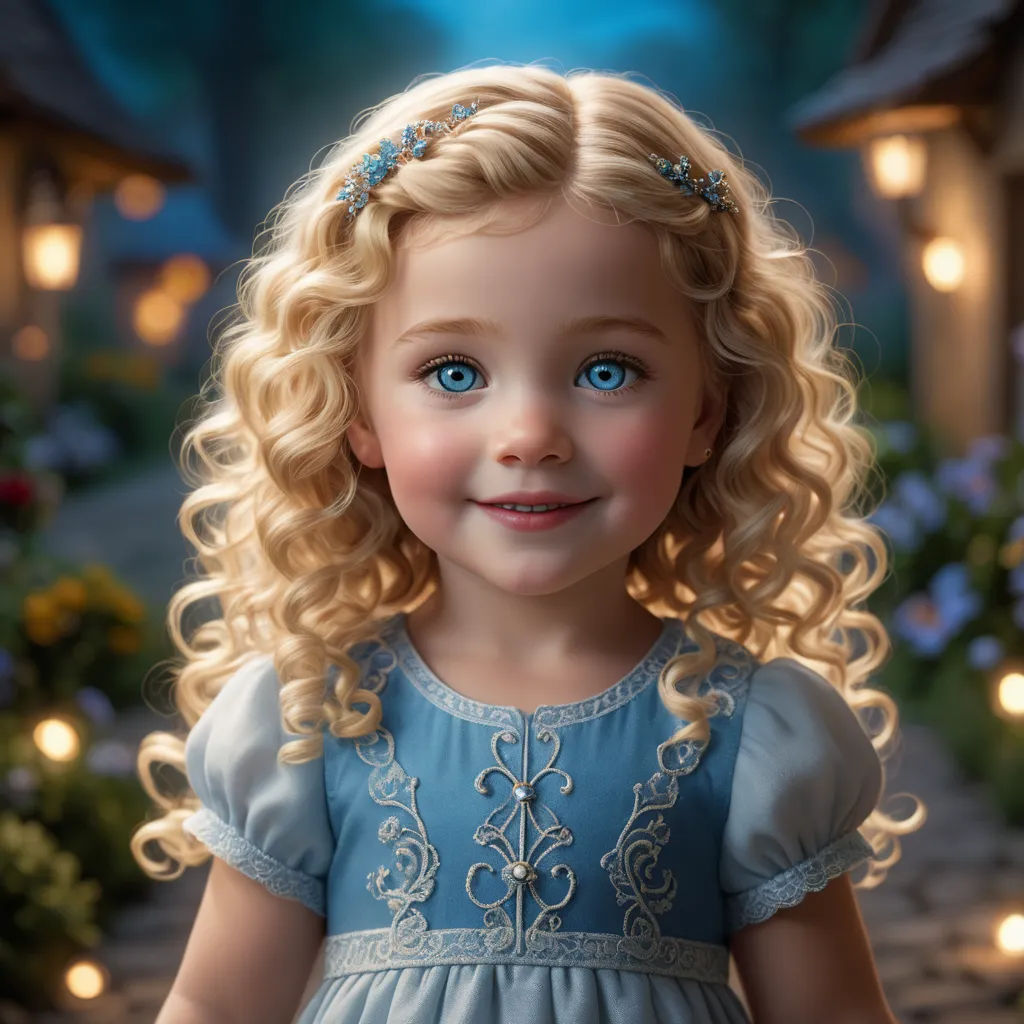 a painting of a little girl with blue eyes and blonde hair wearing a blue dress and a tiara, photorealism, a photorealistic painting, Arthur Hughes, cgstudio