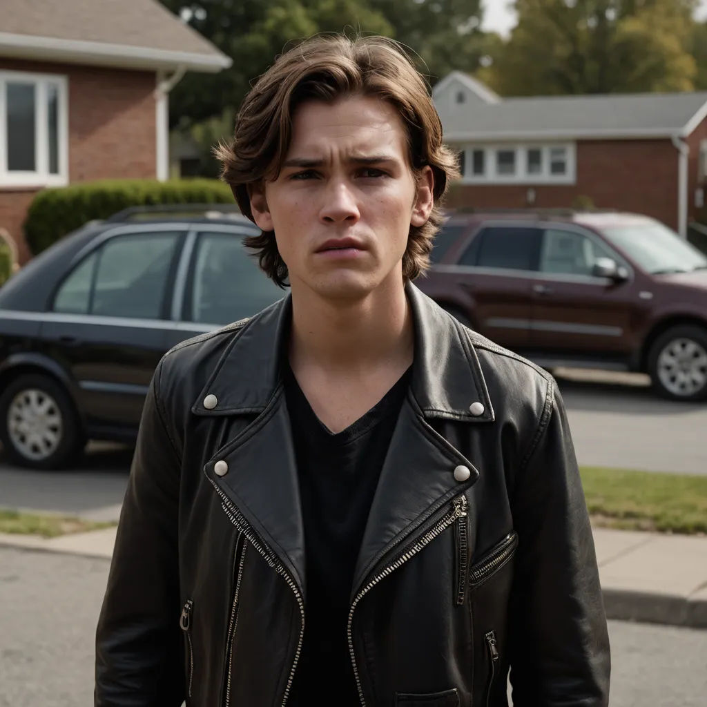 a man in a black jacket standing in front of a house with a car parked in the driveway behind him, american realism, a character portrait, David Budd, promotional image