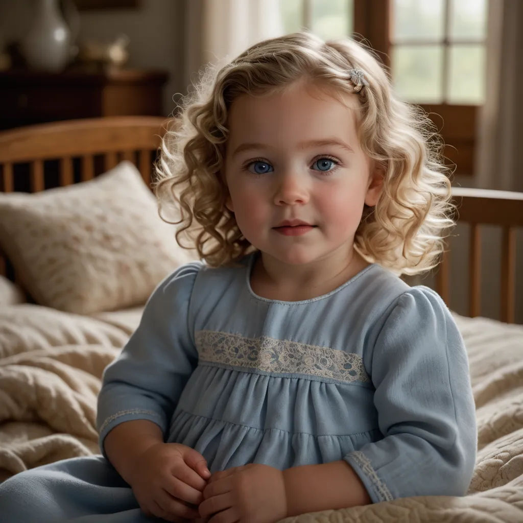 a little girl sitting on a bed with a wooden headboard and a wooden frame and a window behind her, art photography, a photorealistic painting, Caroline Lucy Scott, portrait photography