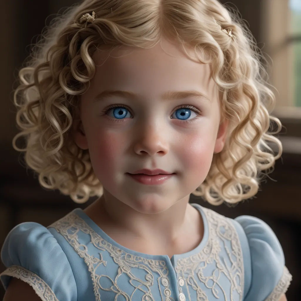 a little girl with blonde hair and blue eyes is wearing a blue dress and smiling at the camera with a window in the background, photorealism, a photorealistic painting, Caroline Lucy Scott, highly detailed digital painting