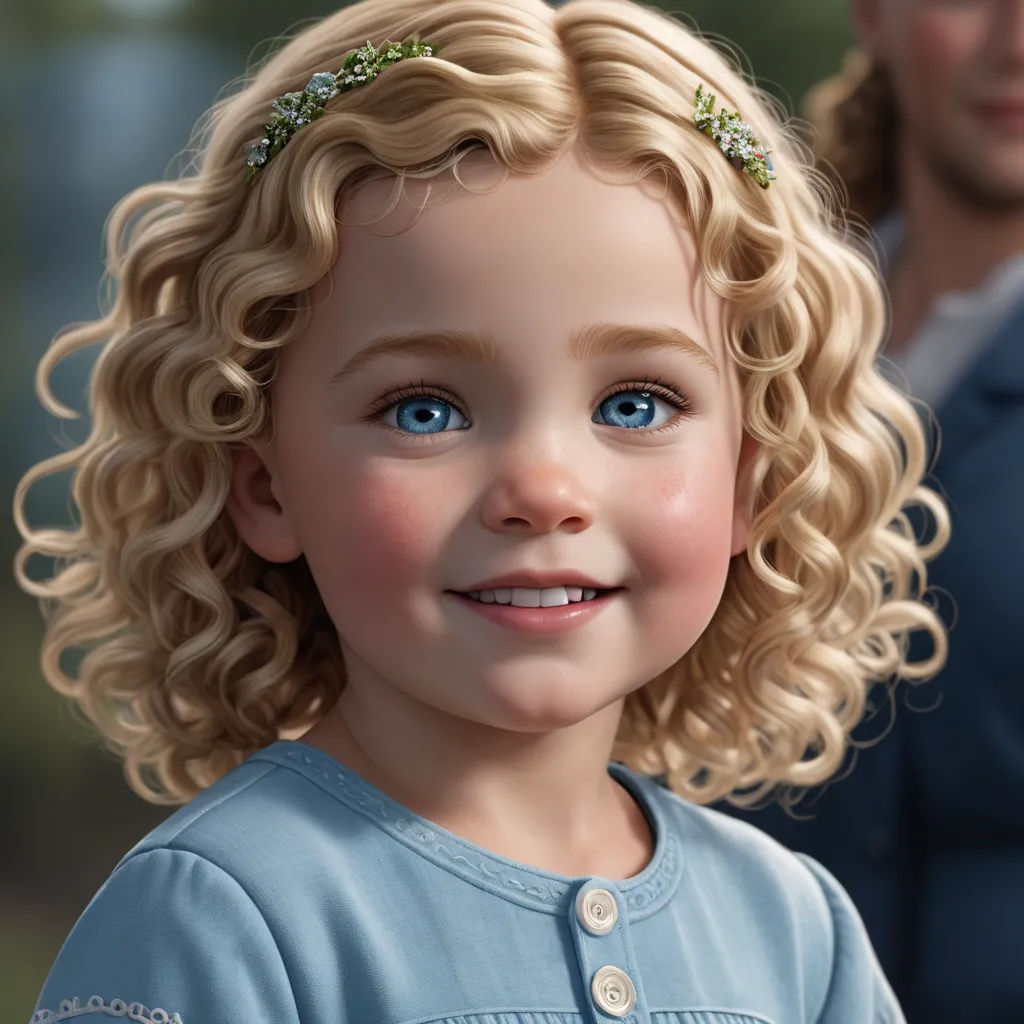 a digital painting of a little girl with blue eyes and blonde hair, smiling at the camera, with a man in the background, photorealism, a photorealistic painting, Caroline Lucy Scott, cgstudio