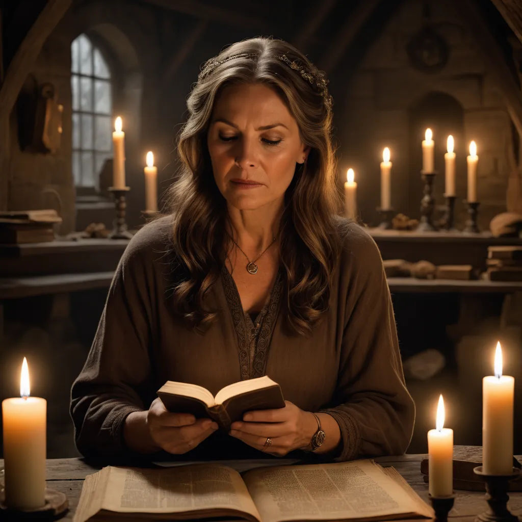 a woman reading a book in front of candles in a room with a fireplace and a table with a book, symbolism, a character portrait, David Teniers III, promotional image