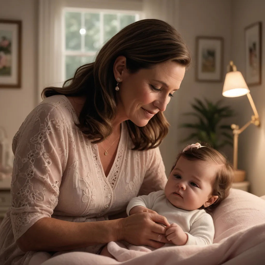 a woman holding a baby in her arms on a bed in a room with a lamp and a window, hyperrealism, a storybook illustration, Caroline Lucy Scott, promotional image