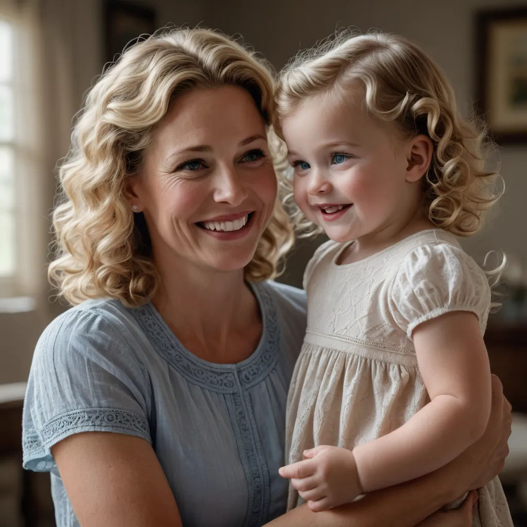 a woman holding a little girl in her arms in a living room with a window behind her and a picture of a baby on the wall, photorealism, a stock photo, Caroline Lucy Scott, promotional image