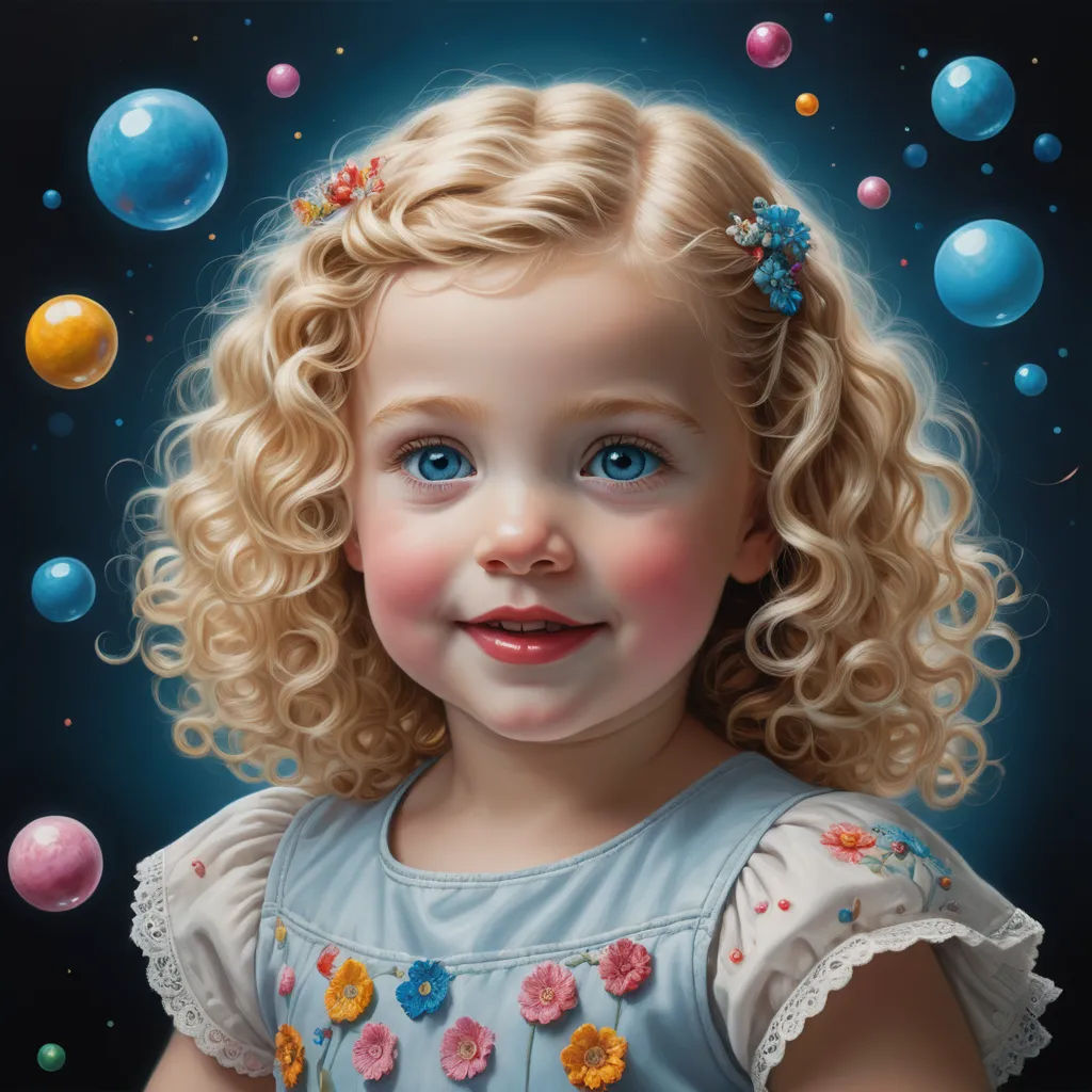 a painting of a little girl with blonde hair and blue eyes and a blue dress with flowers on her head, photorealism, a photorealistic painting, Caroline Lucy Scott, highly detailed digital painting