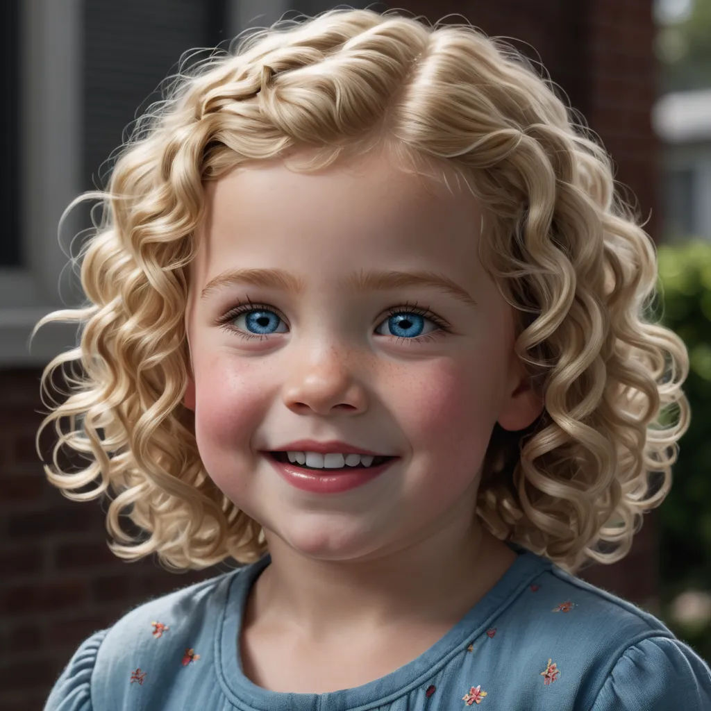 a little girl with blonde hair and blue eyes smiling at the camera with a brick building in the background, photorealism, a photorealistic painting, Caroline Lucy Scott, ultra realistic digital art