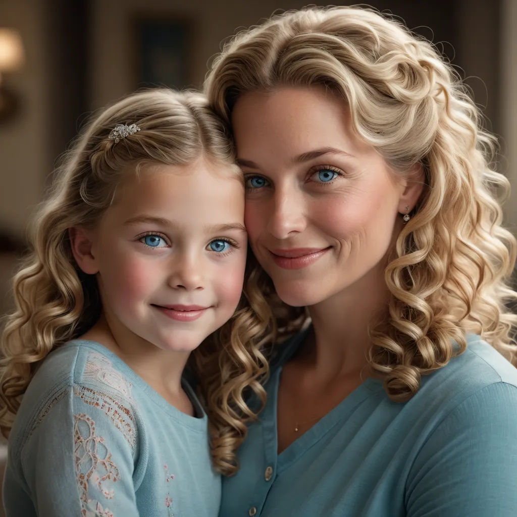 a woman and a little girl are smiling for a picture together in a living room with a large window, photorealism, a photorealistic painting, Caroline Lucy Scott, promotional image