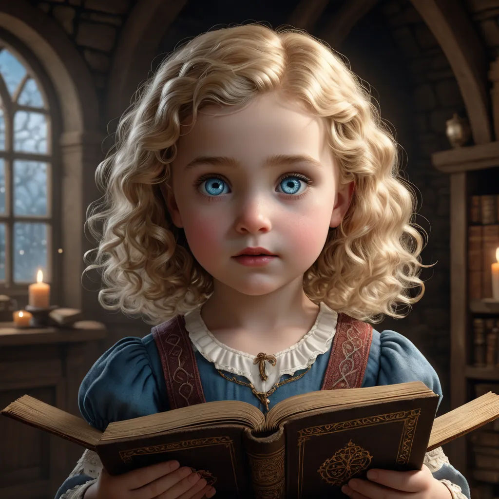 a little girl with blonde hair is reading a book in a room with candles and a window in the background, fantasy art, a storybook illustration, Clarice Beckett, cgstudio