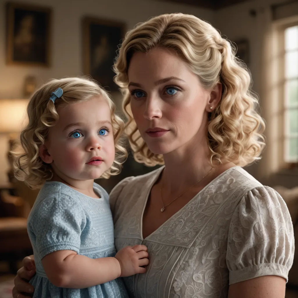 a woman holding a little girl in her arms in a living room with a window behind her and a painting of a woman in the background, magical realism, a character portrait, Clarice Beckett, promotional image