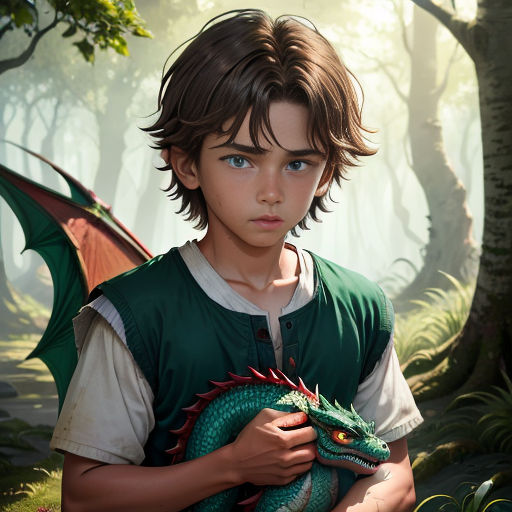a boy holding a dragon in a forest with trees and grass in the background, with a green vest on