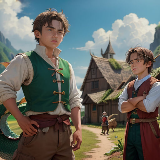 a couple of people standing next to each other in front of a house and a mountain range with a dragon