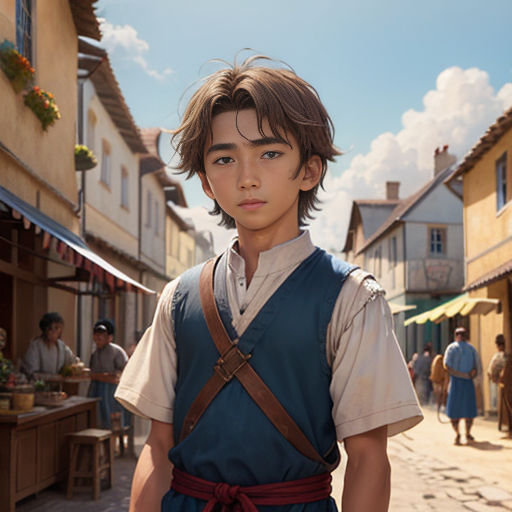 a boy in a village with a blue apron and a brown apron on his shoulder and a blue shirt on his shirt