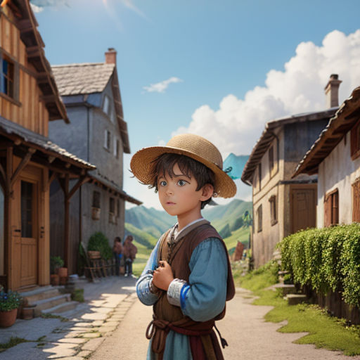 a boy in a hat and dress standing in front of a village street with a horse drawn carriage in the background