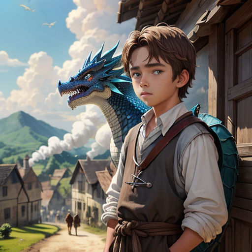 a boy standing next to a dragon on a street next to a house and a mountain range with a person