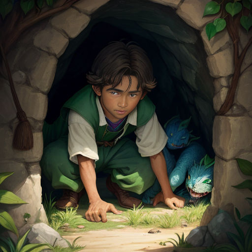 a boy is looking out of a cave with a dinosaur in it's mouth and a blue dinosaur in the background