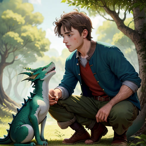 a boy kneeling down next to a toy dragon in a forest with trees and grass in the background,
