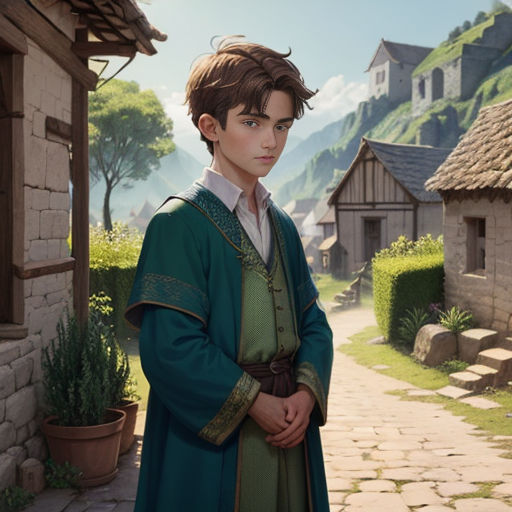 a man in a green outfit standing in front of a village with a stone path and a stone building