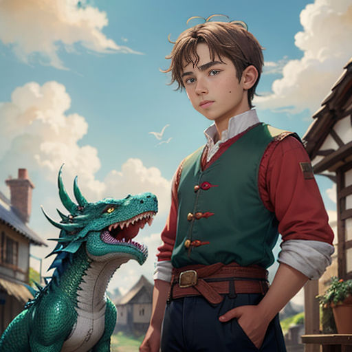 a boy standing next to a dragon in a village with a house in the background and a sky with clouds