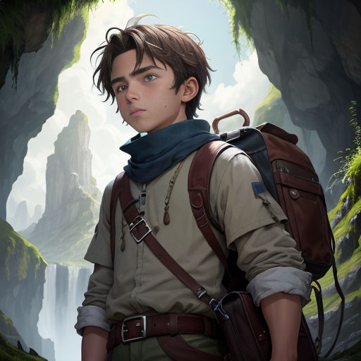 a boy with a backpack in a cave looking at the camera with a mountain in the background and a waterfall in the distance