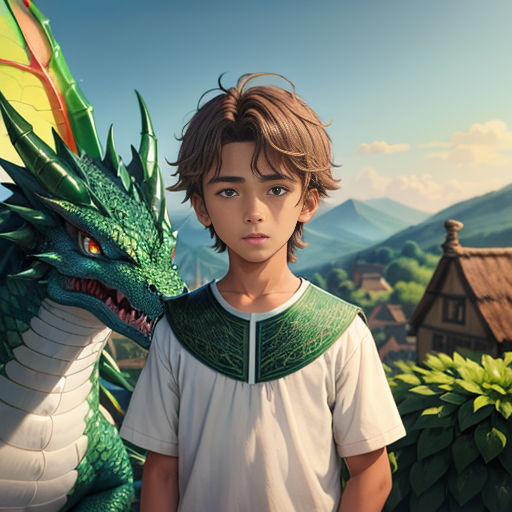 a boy standing next to a dragon statue in a forest area with a house in the background and a mountain in the background