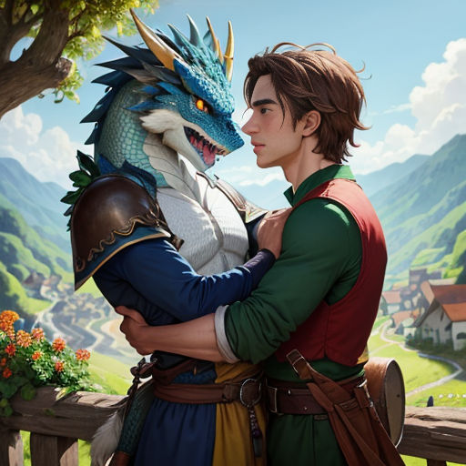 a man and a woman are hugging in front of a dragon statue in a fantasy setting with a mountain background