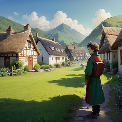 a man standing in front of a row of houses in a village with mountains in the background and a woman in a green dress