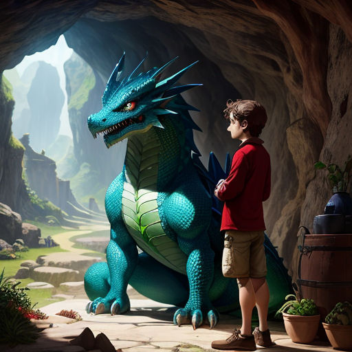 a boy standing next to a blue dragon statue in a cave with a mountain background and a cave entrance