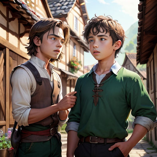 a couple of people standing next to each other in front of a building with a sky background and a small town