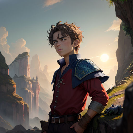 a young man in a red shirt standing in front of a mountain range with a sunset in the background