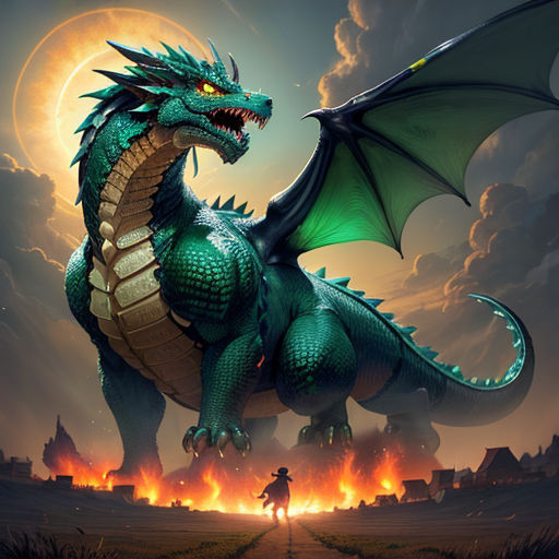 a green dragon with a man on a horse in the background of a sunset sky and a castle with a full moon