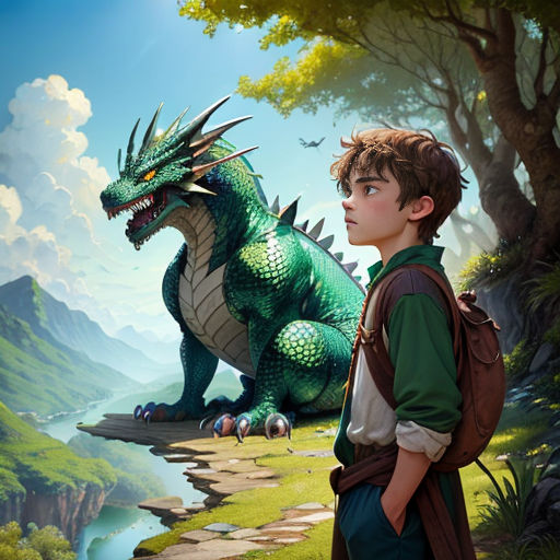 a boy standing next to a green dragon on a hill near a river and a forest with a mountain in the background